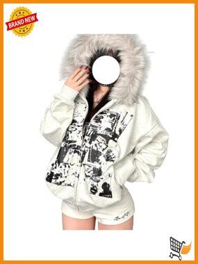 Y2K Grunge Faux Fur Hoodie Zip Up Punk Gothic Graphic Jacket